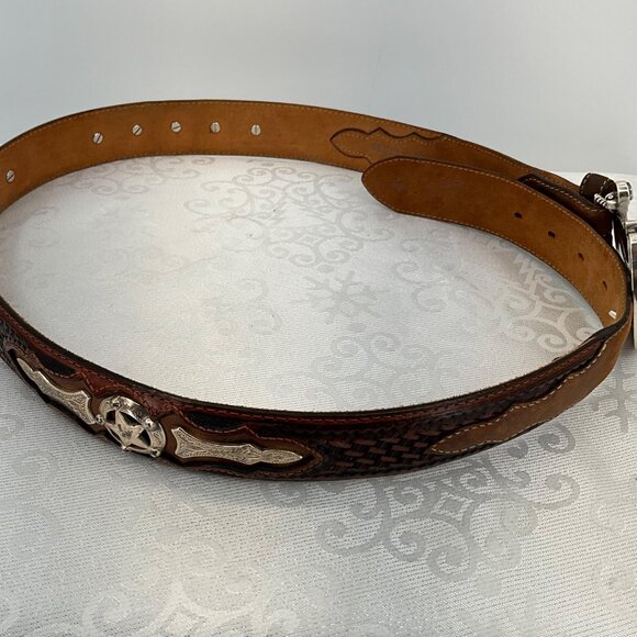 Justin Brown Leather Belt W/ Nocona Horse & Horseshoe Rhinestone Buckle Size 36 - Picture 3 of 7